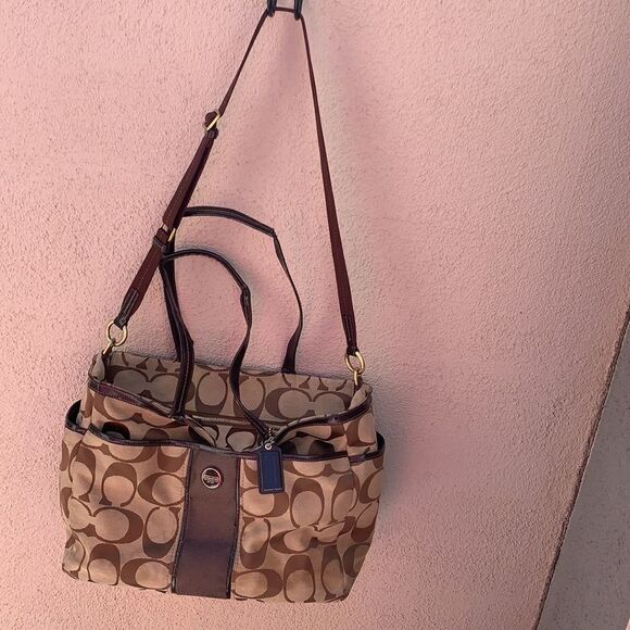 Coach Purse Signature Large Brown Beige  Satchel Handles Shoulder Strap Woman - Picture 2 of 14